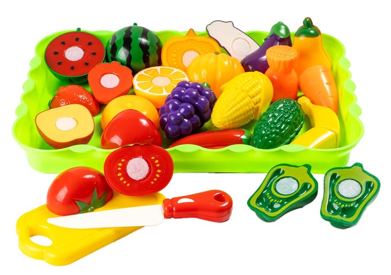 RATNA'S مجموعة الفواكه والخضروات القابلة للتقطيع مع صينية، 15 قطعة من الفواكه والخضروات القابلة للتقطيع، لوح تقطيع وسكين، مجموعة ألعاب مطبخ للأطفال، - Image 1