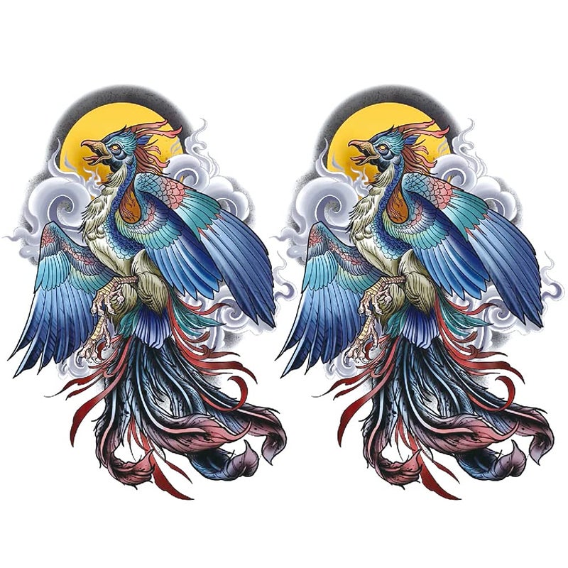 2 Sheets Arm Thigh Leg Waterproof Fake Temporary Tattoos Stickers for Men and Women Blue Phoenix Feather