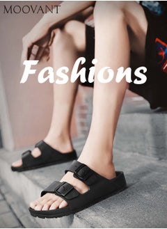 Moovant Men's Comfortable Sandals, Soft Solid Color Eva Slippers, Summer Beach Pool Shower Slip on Sandals, Double Buckle Lightweight Slides, Bathroom Home Flat Slippers for Men, Black  - Image 2