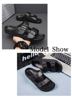 Moovant Men's Comfortable Sandals, Soft Solid Color Eva Slippers, Summer Beach Pool Shower Slip on Sandals, Double Buckle Lightweight Slides, Bathroom Home Flat Slippers for Men, Black  - Image 3