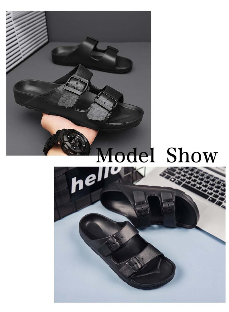 Moovant Men's Comfortable Sandals, Soft Solid Color Eva Slippers, Summer Beach Pool Shower Slip on Sandals, Double Buckle Lightweight Slides, Bathroom Home Flat Slippers for Men, Black - Image 3