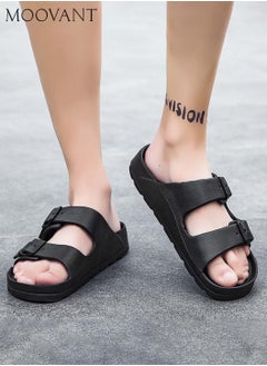 Moovant Men's Comfortable Sandals, Soft Solid Color Eva Slippers, Summer Beach Pool Shower Slip on Sandals, Double Buckle Lightweight Slides, Bathroom Home Flat Slippers for Men, Black  - Image 4