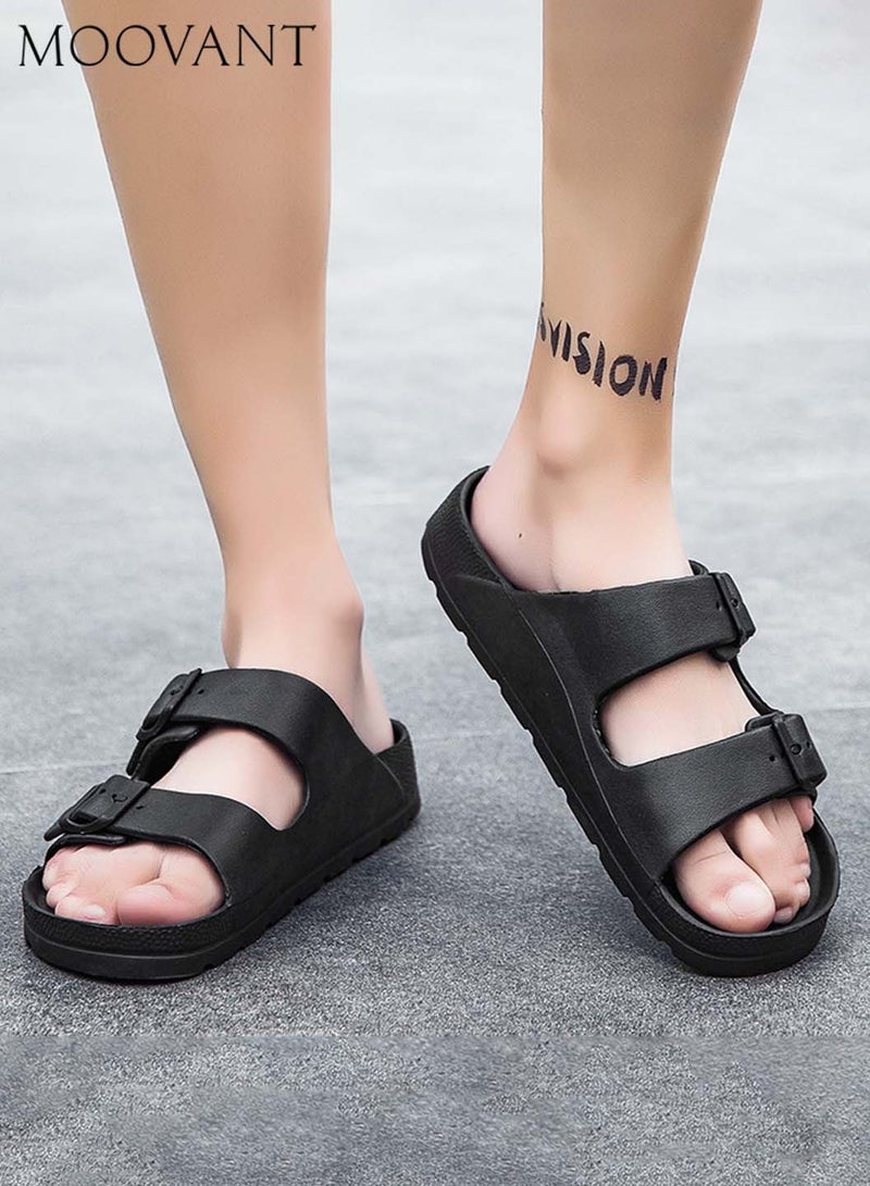 Moovant Men's Comfortable Sandals, Soft Solid Color Eva Slippers, Summer Beach Pool Shower Slip on Sandals, Double Buckle Lightweight Slides, Bathroom Home Flat Slippers for Men, Black - Image 4