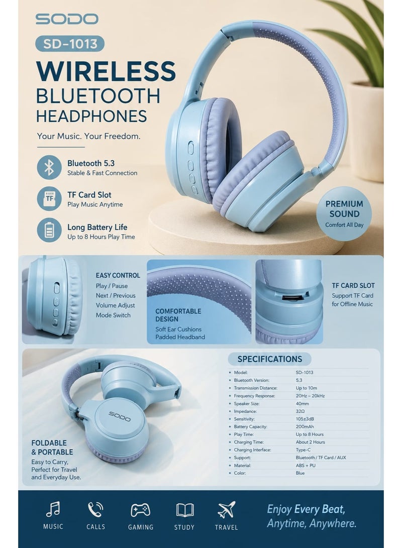 SODO SD-1013 Wireless Bluetooth 5.3 Headphones with TF Card Slot & Mic, Sky Blue - Image 2