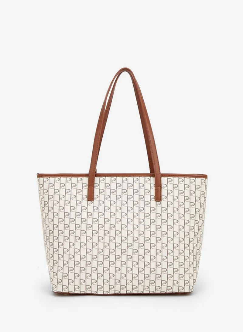 Paprika BROWN Monogram Print Tote Bag With Double Handles for Women | Best Price UAE
