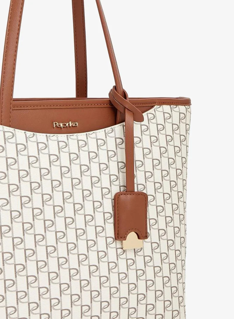 Paprika BROWN Monogram Print Tote Bag With Double Handles for Women | Best Price UAE