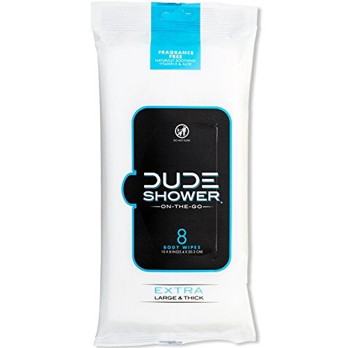 DUDE Wipes Fragrance Free On-The-Go Shower Wipes, Extra-Large and Thick Cleansing Body Wipes for Travel, 1 Pack (8 Count), Infused with Vitamin E and Aloe - Image 1