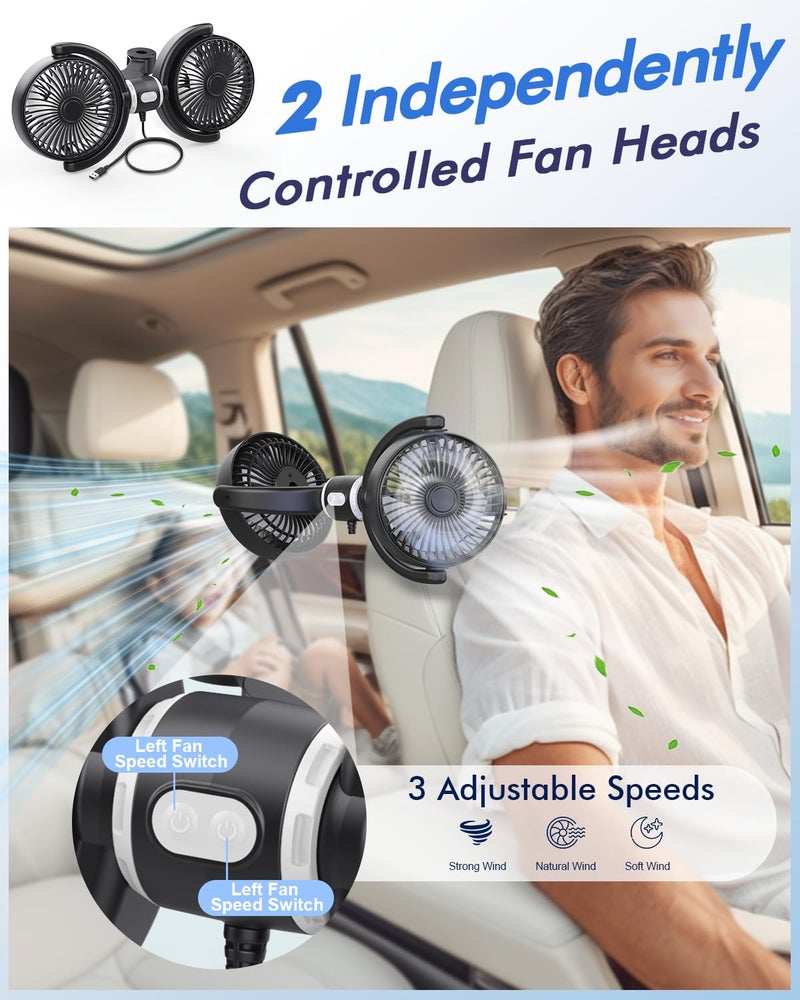 Hayousui Car Fan USB Powered for Baby: Dual Car Cooling Fans for Backseat 3 Speed Separate Controlled Quiet Brushless Motor 360Â° Rotatable 5V 2A Rear Seat Air Circulation for Vehicle Van Truck SUV RV(USB Plug) - Image 4