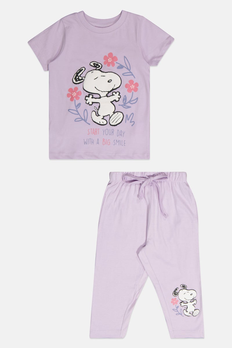 Peanuts Kids Girl Graphic Print Top And Bottom Pajamas Set, Lavender - Image 3