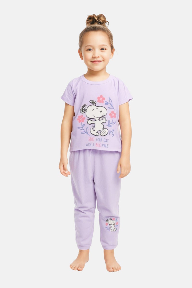 Peanuts Kids Girl Graphic Print Top And Bottom Pajamas Set, Lavender - Image 1