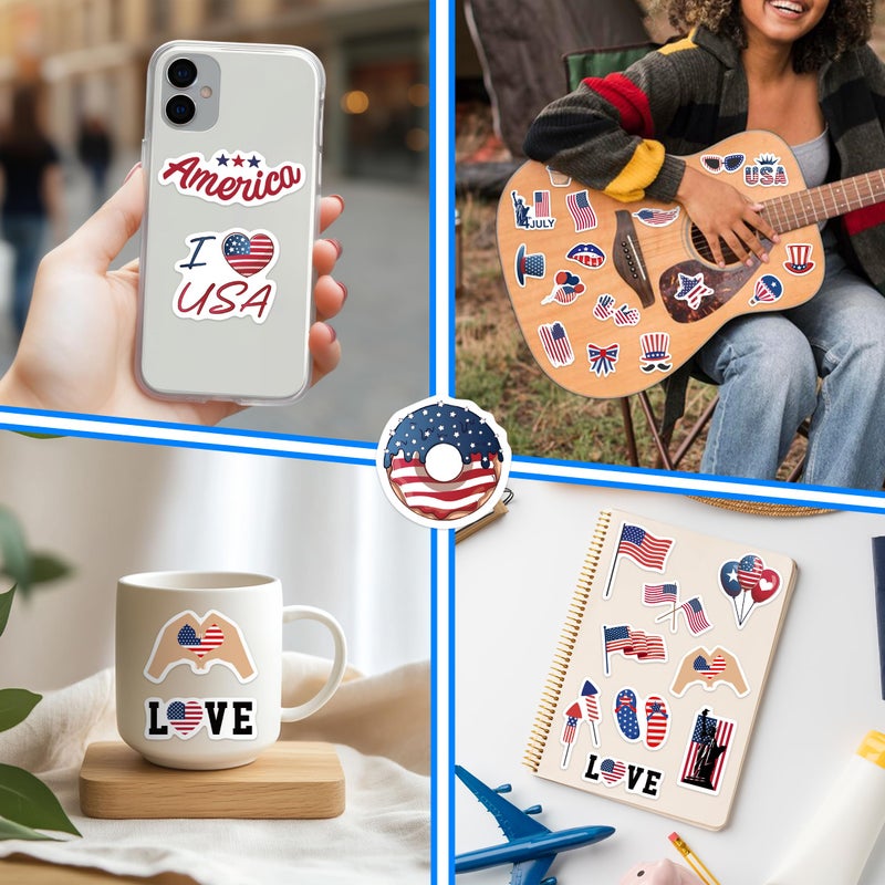 Robmoda 50 PCS American Flag Stickers for Water Bottle, USA Patriotic Aesthetics Waterproof Vinyl Laptop Decals, Phone Case Scrapbook Skateboard Luggage Teens Adults Activity Party Decor - Image 2