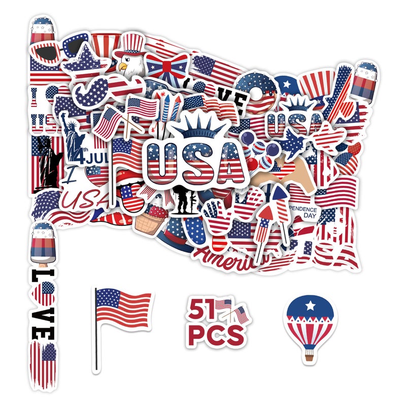Robmoda 50 PCS American Flag Stickers for Water Bottle, USA Patriotic Aesthetics Waterproof Vinyl Laptop Decals, Phone Case Scrapbook Skateboard Luggage Teens Adults Activity Party Decor - Image 1
