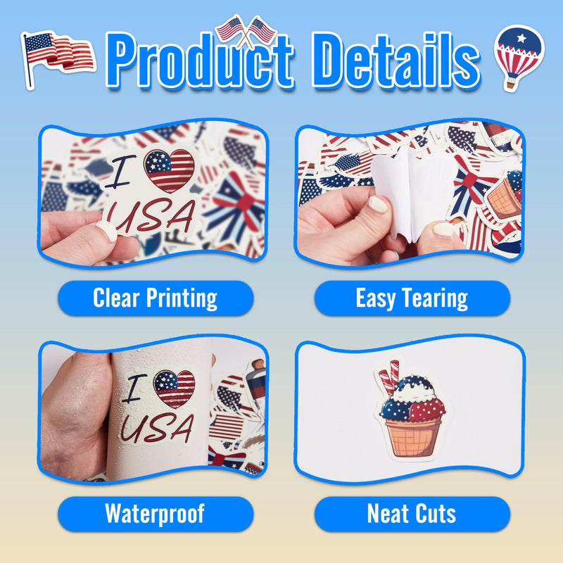 Robmoda 50 PCS American Flag Stickers for Water Bottle, USA Patriotic Aesthetics Waterproof Vinyl Laptop Decals, Phone Case Scrapbook Skateboard Luggage Teens Adults Activity Party Decor - Image 3