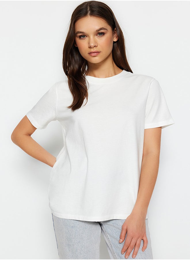 trendyol - Ecru 100% Cotton Premium Basic Crew Neck Knitted T-Shirt TWOSS23TS00042 - Image 1