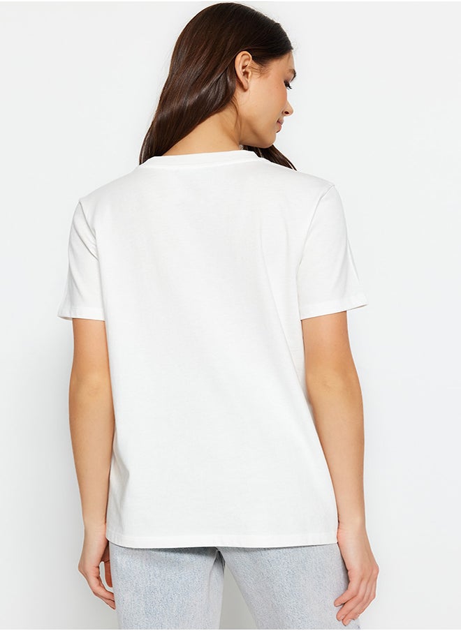 trendyol - Ecru 100% Cotton Premium Basic Crew Neck Knitted T-Shirt TWOSS23TS00042 - Image 1