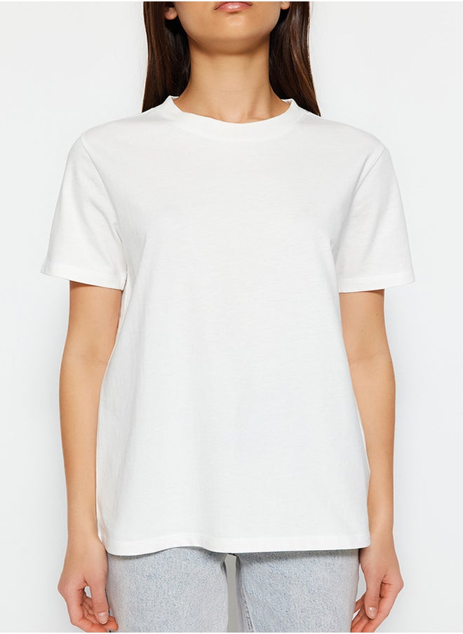 trendyol - Ecru 100% Cotton Premium Basic Crew Neck Knitted T-Shirt TWOSS23TS00042 - Image 1