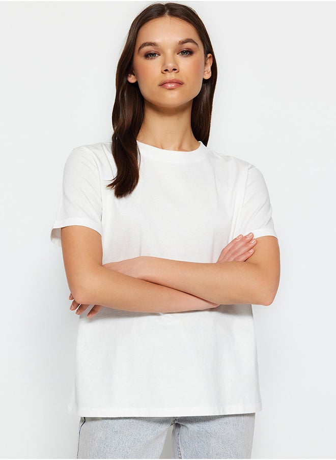 trendyol - Ecru 100% Cotton Premium Basic Crew Neck Knitted T-Shirt TWOSS23TS00042 - Image 1