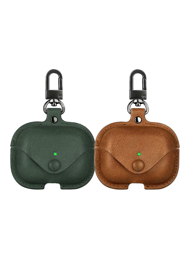 YOMNA YOMNA Protective Leather Case Compatible with AirPods Pro 2 Case, Wireless Charging Case Headphones EarPods, Soft Leather Cover with Carabiner Clip (Dark Green/Brown) - (Set of 2)  - Image 1