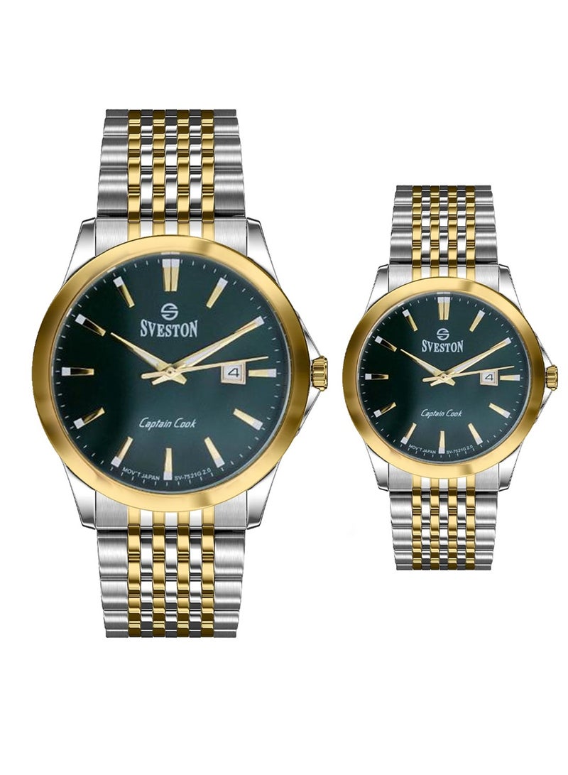 Sveston Captain Cook Analog Quartz Green Dial Stainless Steel Couple Set Watch SV 7521  - Image 1