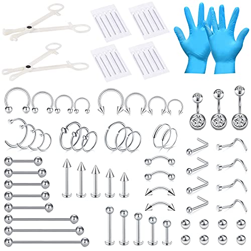 DJCIW 75PCS Mixed-size Piercing Kit for All Piercing,316L Stainless Steel Piercing Kit with 14G 16G 18G 20G Piecing Needles Clamps for Cartilage Tragus Nose Septum Belly Lip Eyebrow Nipple Piercing - Image 1