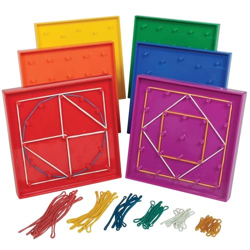 edxeducation DoubleSided Geoboard Set Set of 6 with Rubber Bands Ages 3 Math Resources Fine Motor Skills for Kids 5 x 5 Grid12 Pin Circular Array - Image 1