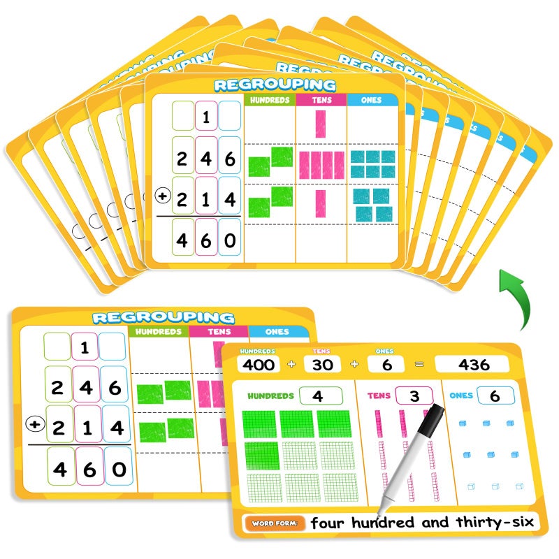 Laffunz 12 Packs Dry Erase Place Value Chart Math Games for Kids Addition and Subtraction Flash Cards White Board Math Manipulatives 1st 2nd 3rd Grade Teacher Classroom Must Haves Homeschool Supplie - Image 3