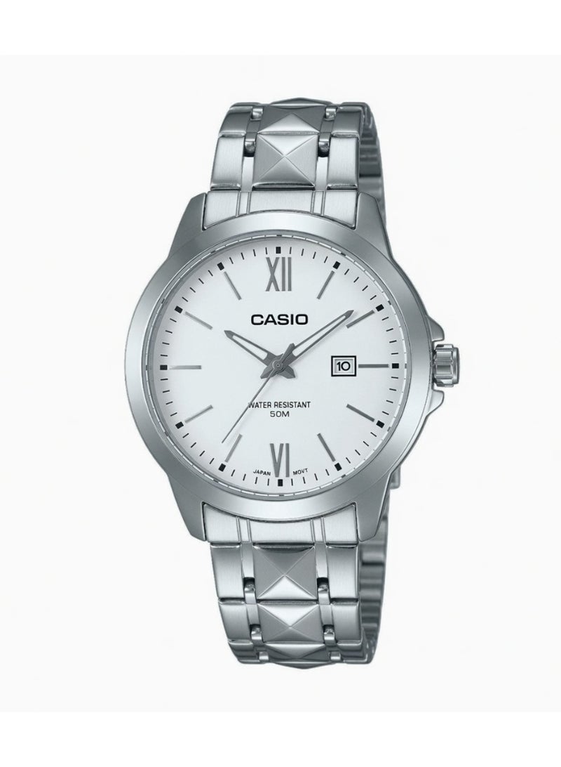 Casio Men's Classic Analog Watch - White Dial, Roman Numerals, Stainless Steel Band - MTP-V004D-7B