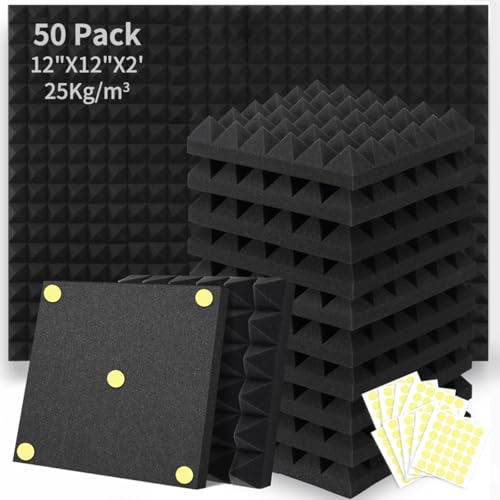Focusound Acoustic Foam Panels 50 Pack (2"x12"x12") - Sound Proof Foam Pyramid Tiles for Walls, Studio, Home Theater & Noise Reduction - Image 1
