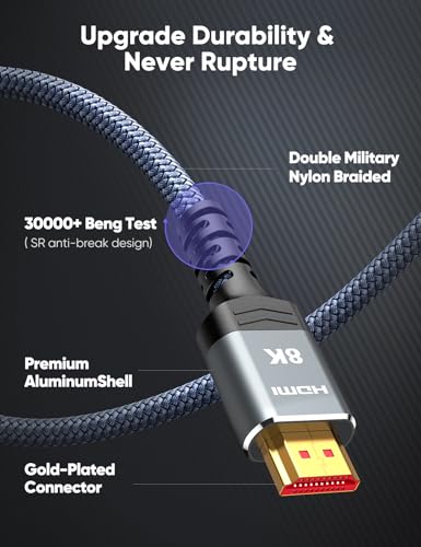 Highwings 8K 2.1 HDMI Cable 3.3FT/1M 2-Pack, 48Gbps High Speed HDMI Braided Nylon Cord-4K120 144Hz 8K60Hz RTX 3090 eARC HDR10 4:4:4 HDCP 2.2&2.3 QMS VRR,Compatible for Laptop,Monitor,Roku TV,HDTV - Image 5