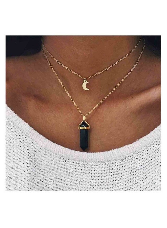 Yheakne Boho Layered Moonstone Necklace Chain Gold Moon Pendant Necklace Black Hexagonal Stone Necklace Jewelry for Women and Girls - Image 2