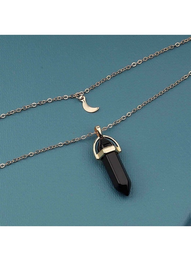 Yheakne Boho Layered Moonstone Necklace Chain Gold Moon Pendant Necklace Black Hexagonal Stone Necklace Jewelry for Women and Girls - Image 3