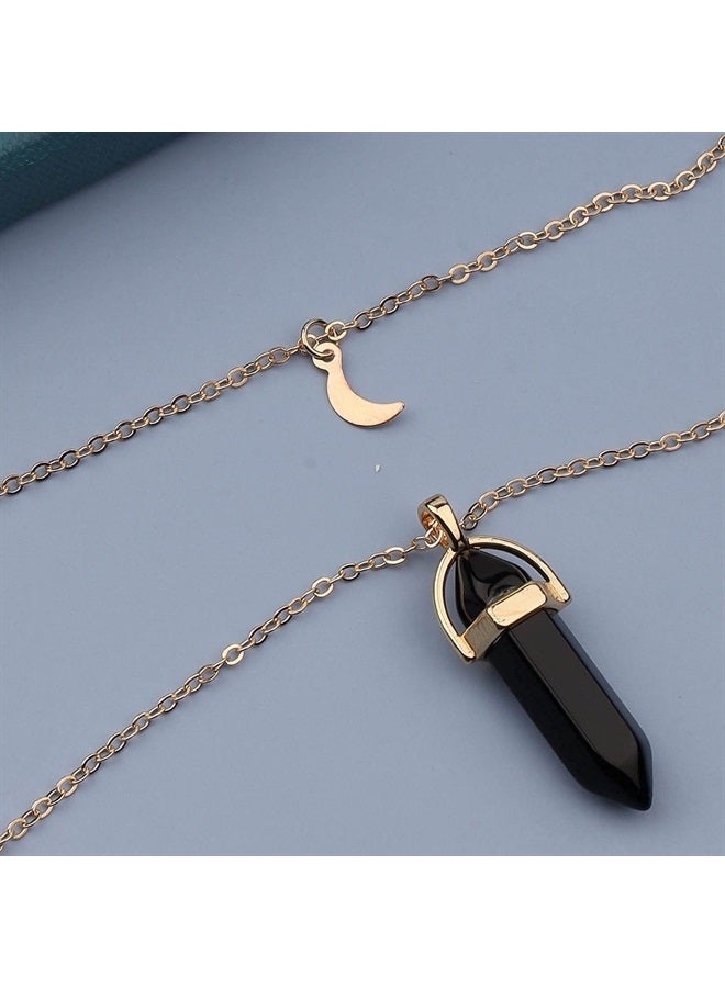 Yheakne Boho Layered Moonstone Necklace Chain Gold Moon Pendant Necklace Black Hexagonal Stone Necklace Jewelry for Women and Girls - Image 4