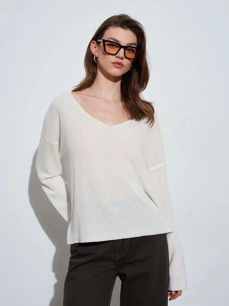 ديلفين DILVIN Women's V-neck Ribbed Knit Sweater