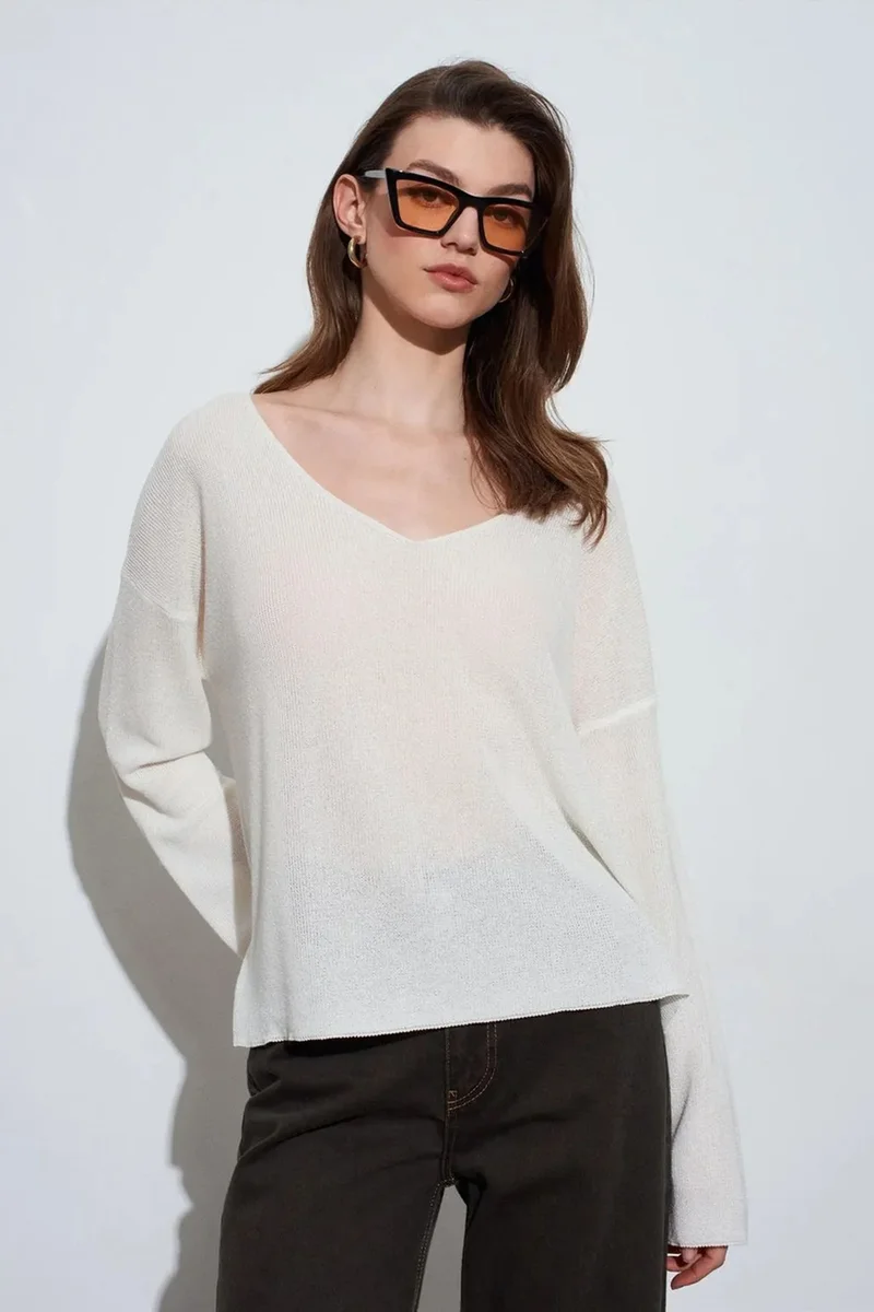 DILVIN Women's V-neck Ribbed Knit Sweater