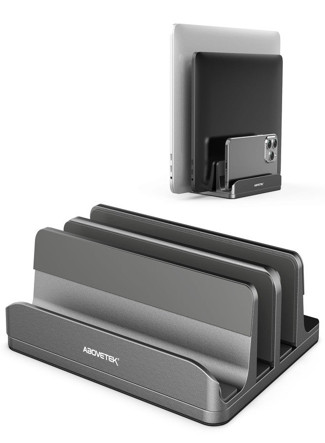 AboveTEK Vertical Laptop Stand, 3 Slots Aluminum Desk Laptop Holder & Laptop Docking Station Stand for MacBook, Tablet, Phone - Universal Fit (Up to 17.3") - Heavy Duty Polished, Anti Slide - Grey - Image 1