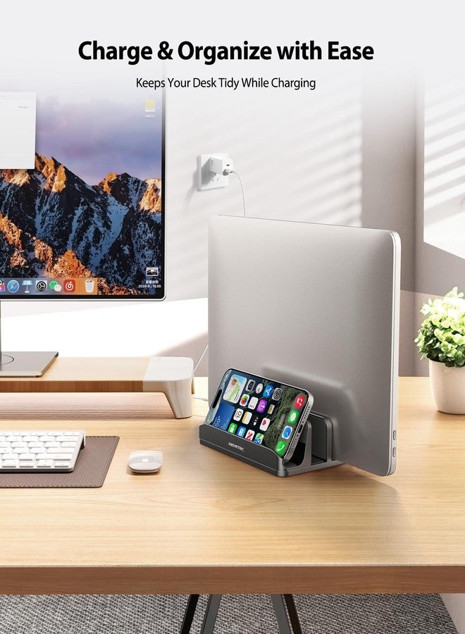 AboveTEK Vertical Laptop Stand, 3 Slots Aluminum Desk Laptop Holder & Laptop Docking Station Stand for MacBook, Tablet, Phone - Universal Fit (Up to 17.3") - Heavy Duty Polished, Anti Slide - Grey - Image 2
