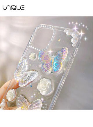 For iPhone 16 Case - 3D Butterfly Rose Flower Shiny Girl Phone Case - Clear Phone Case - TPU Drop Protection - view 2