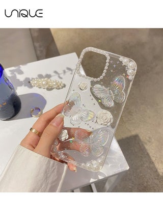 For iPhone 16 Case - 3D Butterfly Rose Flower Shiny Girl Phone Case - Clear Phone Case - TPU Drop Protection - view 3