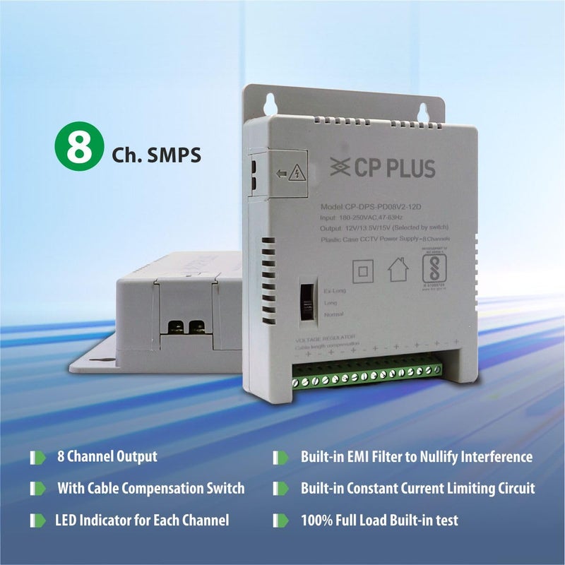 CP PLUS مزود طاقة CCTV 8 قنوات SMPS | محول عالي الكفاءة 12V 5A مع مؤشرات LED | فلتر EMI | حماية من الحمل الزائد والدوائر القصيرة | للاستخدام مع الكاميرات الدائرية والرصاصية | CP-DPS-PD08V2-12D - Image 3