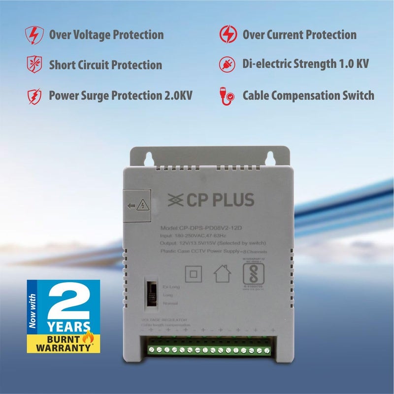 CP PLUS مزود طاقة CCTV 8 قنوات SMPS | محول عالي الكفاءة 12V 5A مع مؤشرات LED | فلتر EMI | حماية من الحمل الزائد والدوائر القصيرة | للاستخدام مع الكاميرات الدائرية والرصاصية | CP-DPS-PD08V2-12D - Image 4