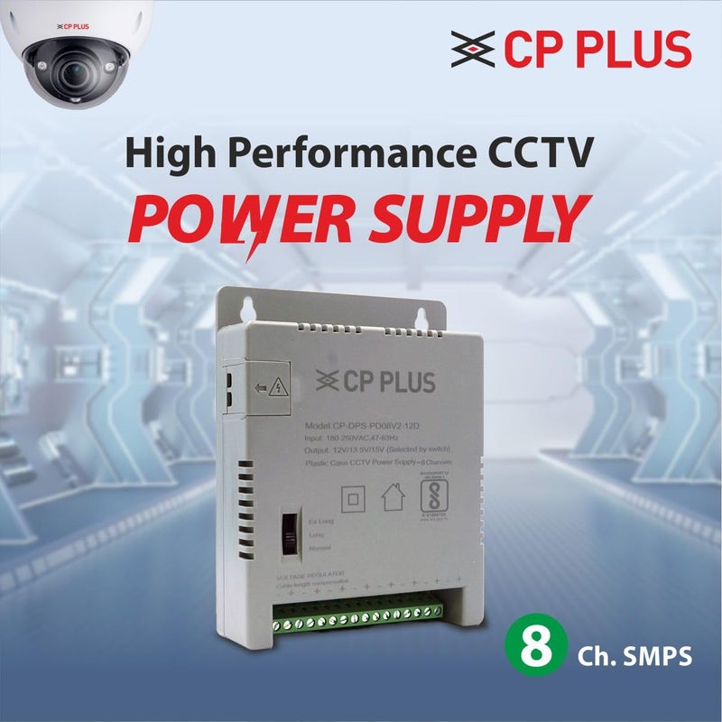 CP PLUS مزود طاقة CCTV 8 قنوات SMPS | محول عالي الكفاءة 12V 5A مع مؤشرات LED | فلتر EMI | حماية من الحمل الزائد والدوائر القصيرة | للاستخدام مع الكاميرات الدائرية والرصاصية | CP-DPS-PD08V2-12D - Image 2