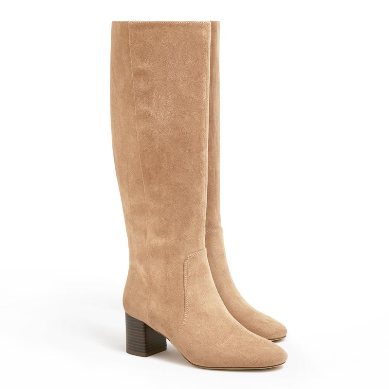 Coutgo Womens Chunky Heel Knee High Boots Suede Round Toe Fall Winter Tall Boots with Side Zipper, Light Khaki, Size 8 - Image 1