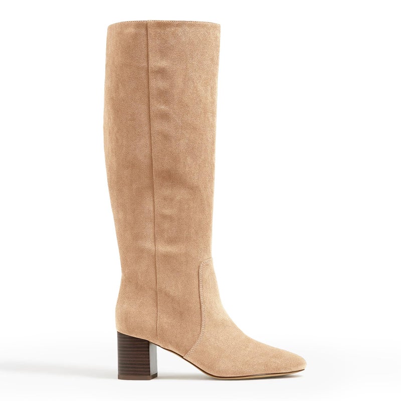 Coutgo Womens Chunky Heel Knee High Boots Suede Round Toe Fall Winter Tall Boots with Side Zipper, Light Khaki, Size 8 - Image 5