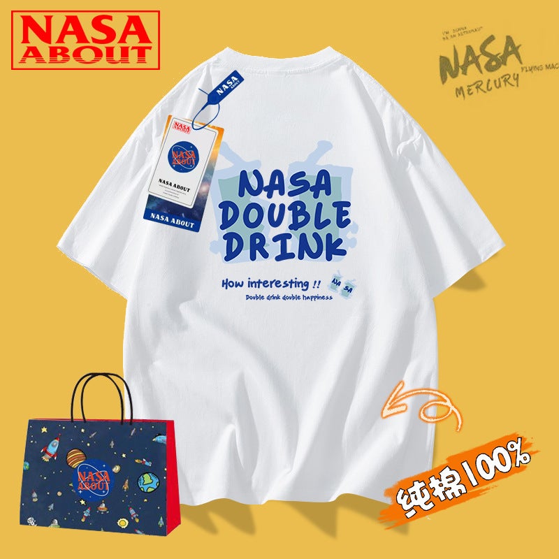 NASA Pure Cotton White Short-sleeved T-shirt for Boys Summer Trendy Brand Fashionable Couples Loose Half-sleeved Teen Top - Image 2
