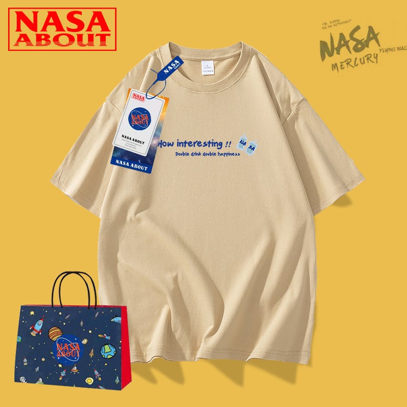 NASA Pure Cotton White Short-sleeved T-shirt for Boys Summer Trendy Brand Fashionable Couples Loose Half-sleeved Teen Top - Image 5