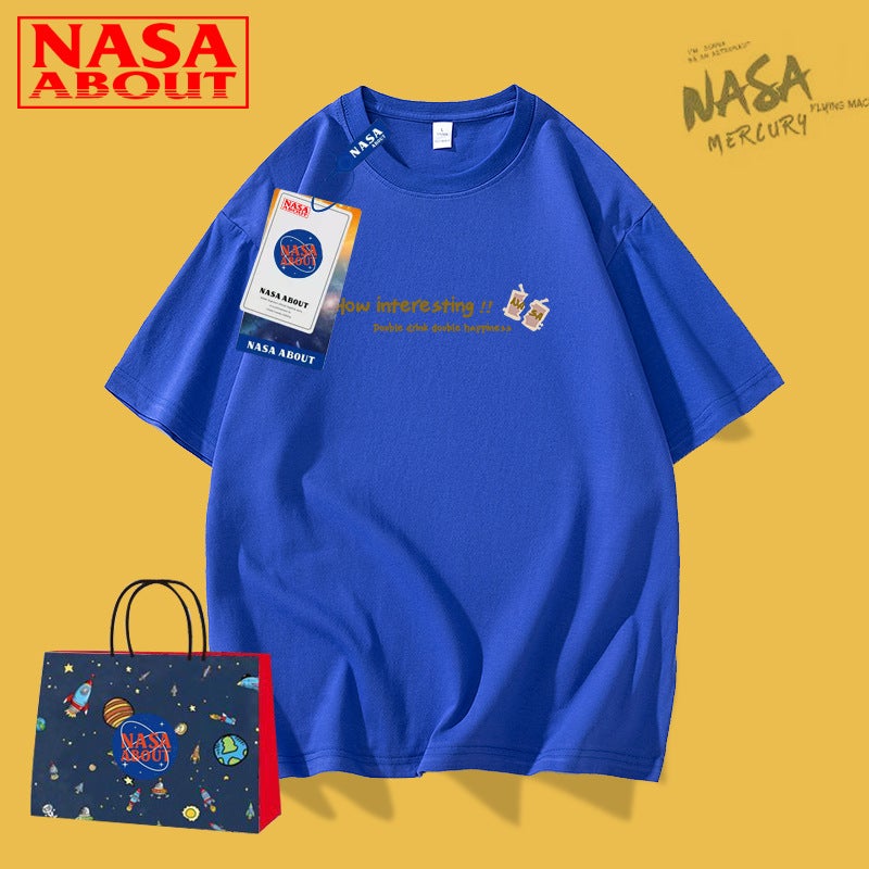NASA Pure Cotton White Short-sleeved T-shirt for Boys Summer Trendy Brand Fashionable Couples Loose Half-sleeved Teen Top - Image 3