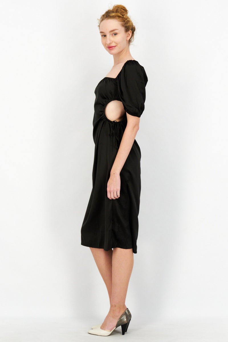 NA-KD Women Plain Puff Sleeve Cut Out Midi Dress, Black - Image 2