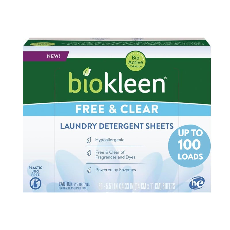 Biokleen Laundry Detergent Sheets Dye Fragrance Free Hypoallergenic Enzymatic Cleaner Stain Remover Bio Active Formula No Plastic Jug Unscented 100 Loads