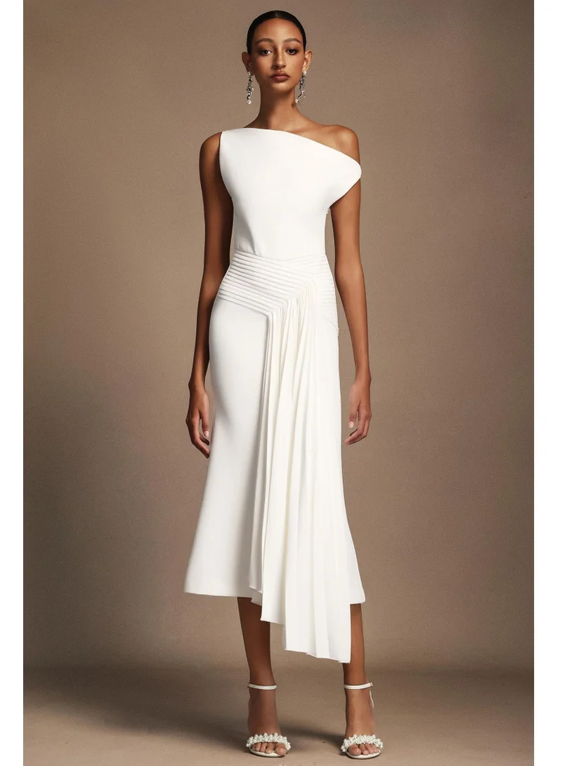 Paulina Oblique Shoulder Sleeveless Folds Midi Dress