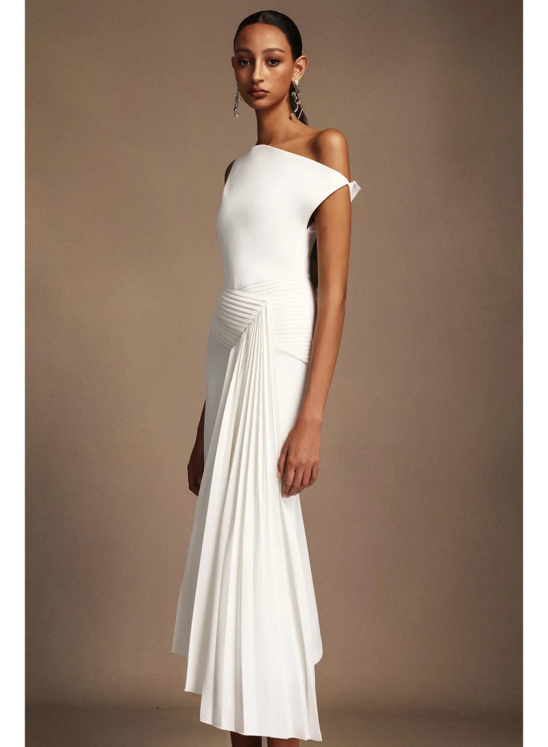 Bella Barnett  Paulina Oblique Shoulder Sleeveless Folds Midi Dress for Women | Best Price UAE